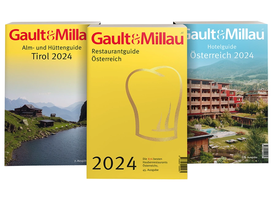 Gault&Millau Restaurantguide 2024 Mockup mit Hüttenguide und Hotelguide